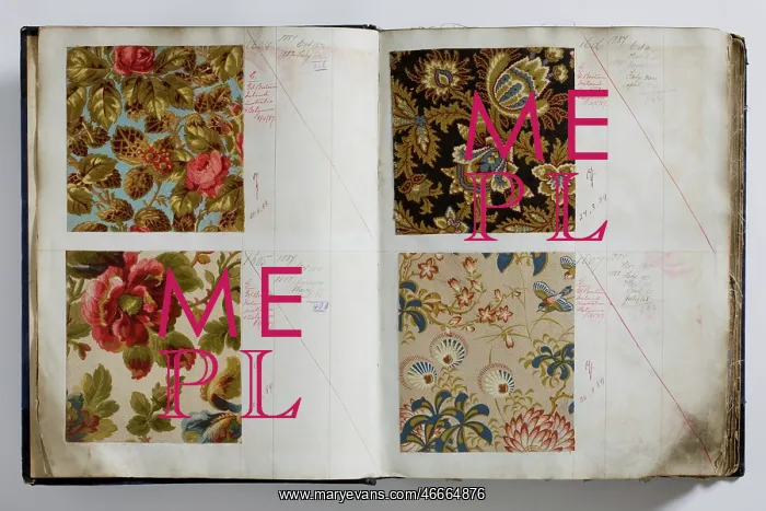 : Pages from a book of textile samples, annotated by hand with : Pages from a book of textile samples, annotated by hand with