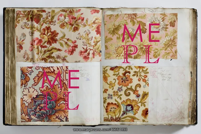 : Pages from a book of textile samples, annotated by hand with : Pages from a book of textile samples, annotated by hand with