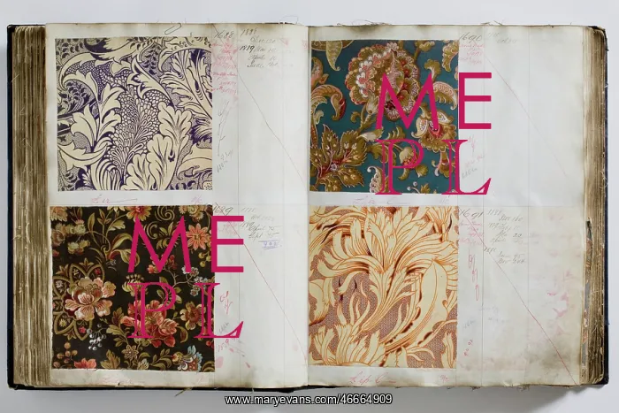 : Pages from a book of textile samples, annotated by hand with : Pages from a book of textile samples, annotated by hand with