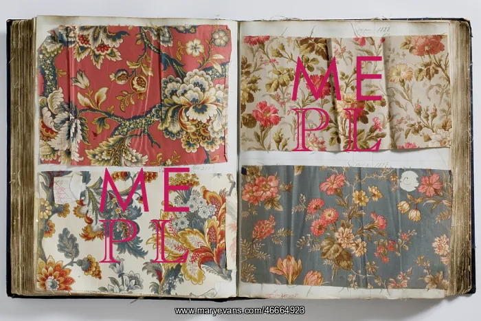 : Pages from a book of textile samples, annotated by hand with : Pages from a book of textile samples, annotated by hand with