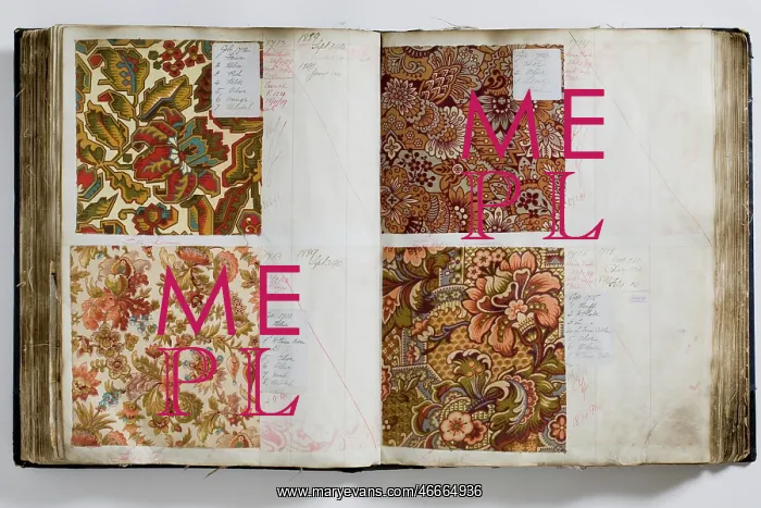 : Pages from a book of textile samples, annotated by hand with : Pages from a book of textile samples, annotated by hand with