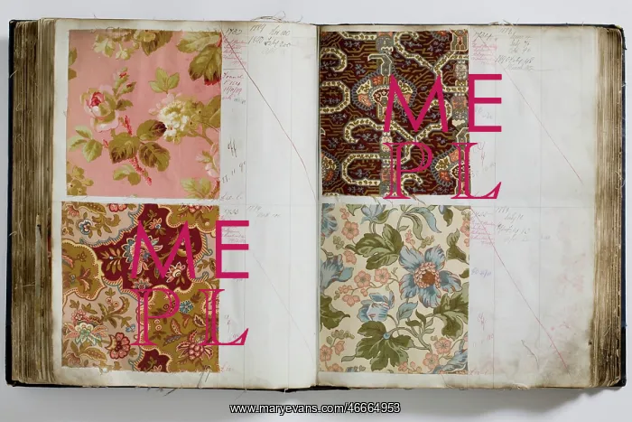 : Pages from a book of textile samples, annotated by hand with : Pages from a book of textile samples, annotated by hand with