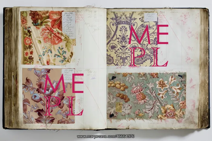 : Pages from a book of textile samples, annotated by hand with : Pages from a book of textile samples, annotated by hand with
