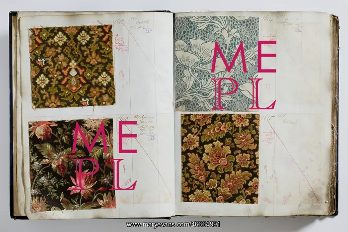 : Pages from a book of textile samples, annotated by hand with : Pages from a book of textile samples, annotated by hand with