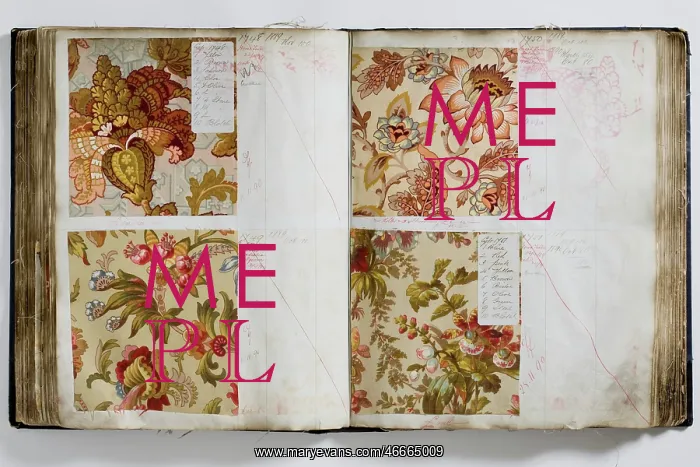 : Pages from a book of textile samples, annotated by hand with : Pages from a book of textile samples, annotated by hand with