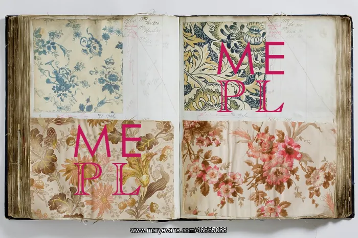 : Pages from a book of textile samples, annotated by hand with : Pages from a book of textile samples, annotated by hand with