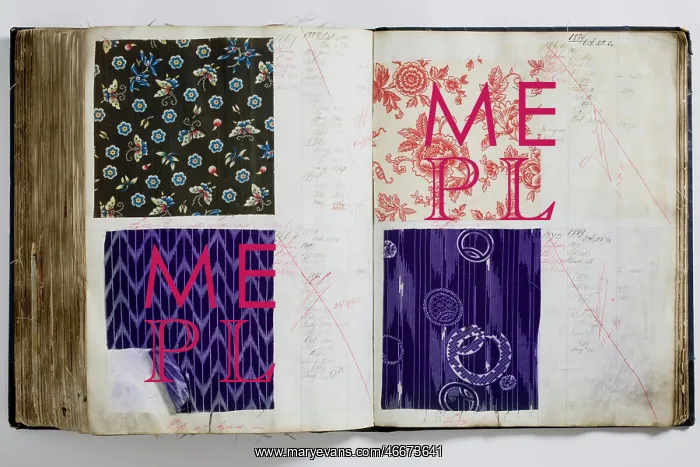 : Pages from a book of textile samples, annotated by hand with : Pages from a book of textile samples, annotated by hand with