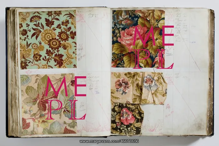 : Pages from a book of textile samples, annotated by hand with : Pages from a book of textile samples, annotated by hand with