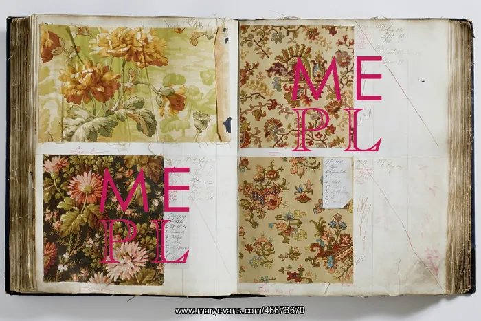 : Pages from a book of textile samples, annotated by hand with : Pages from a book of textile samples, annotated by hand with