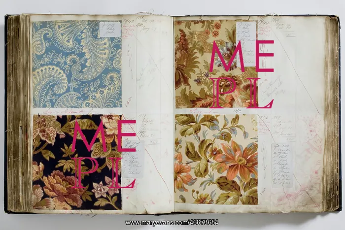 : Pages from a book of textile samples, annotated by hand with : Pages from a book of textile samples, annotated by hand with