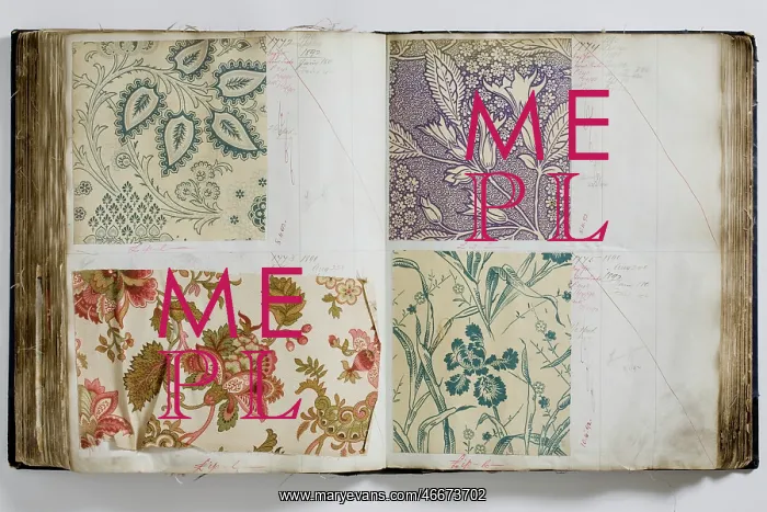 : Pages from a book of textile samples, annotated by hand with : Pages from a book of textile samples, annotated by hand with