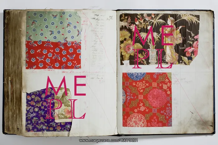 : Pages from a book of textile samples, annotated by hand with : Pages from a book of textile samples, annotated by hand with