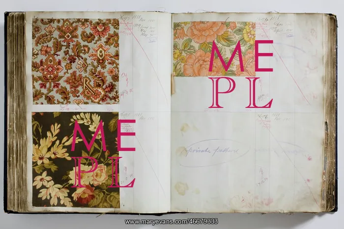 : Pages from a book of textile samples, annotated by hand with : Pages from a book of textile samples, annotated by hand with