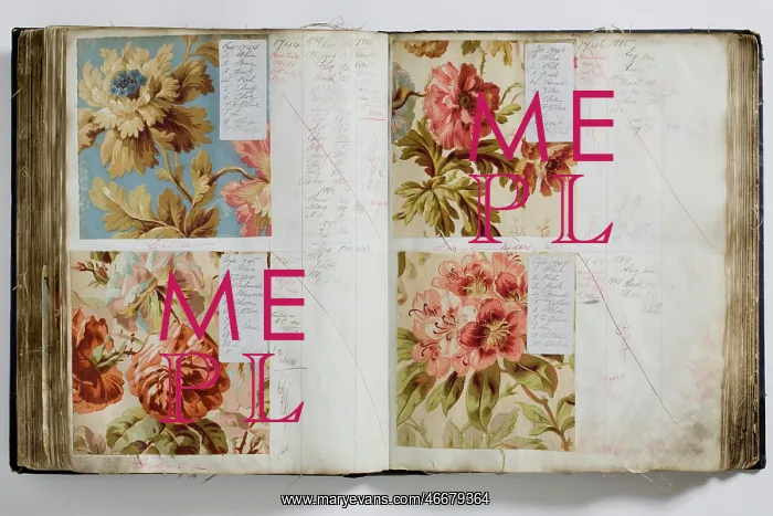 : Pages from a book of textile samples, annotated by hand with : Pages from a book of textile samples, annotated by hand with
