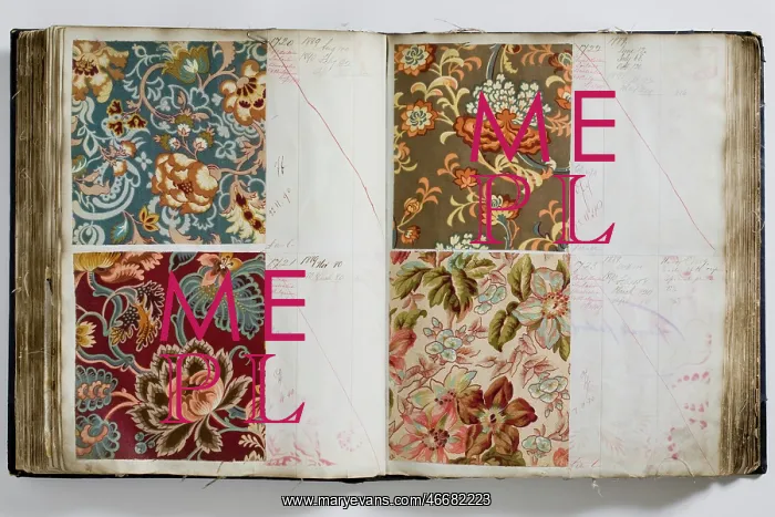 : Pages from a book of textile samples, annotated by hand with : Pages from a book of textile samples, annotated by hand with