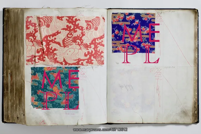 : Pages from a book of textile samples, annotated by hand with : Pages from a book of textile samples, annotated by hand with