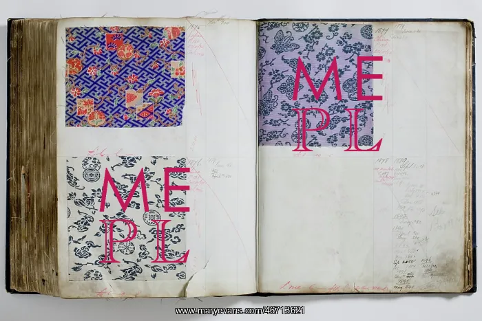 : Pages from a book of textile samples, annotated by hand with : Pages from a book of textile samples, annotated by hand with