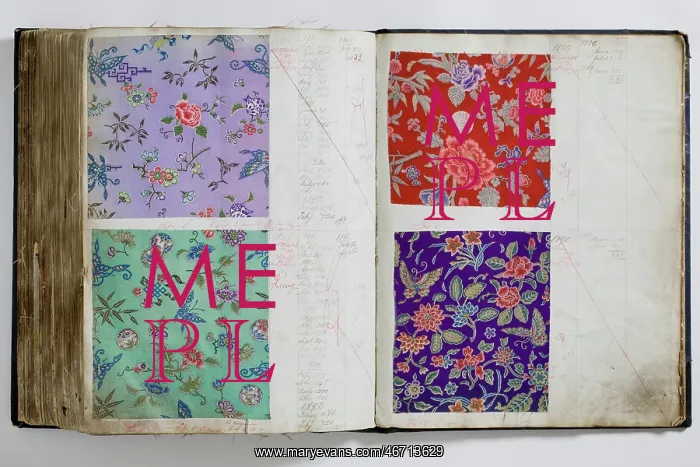 : Pages from a book of textile samples, annotated by hand with : Pages from a book of textile samples, annotated by hand with