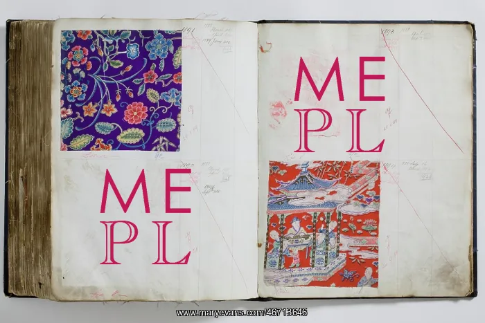 : Pages from a book of textile samples, annotated by hand with : Pages from a book of textile samples, annotated by hand with