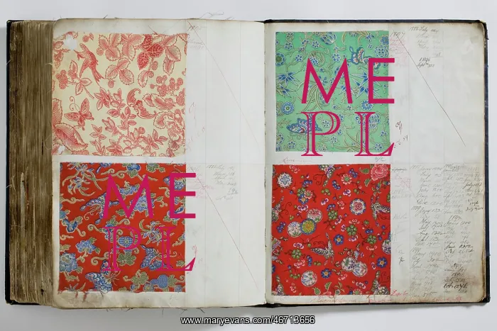 : Pages from a book of textile samples, annotated by hand with : Pages from a book of textile samples, annotated by hand with