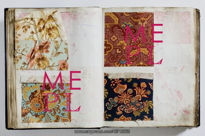: Pages from a book of textile samples, annotated by hand with : Pages from a book of textile samples, annotated by hand with