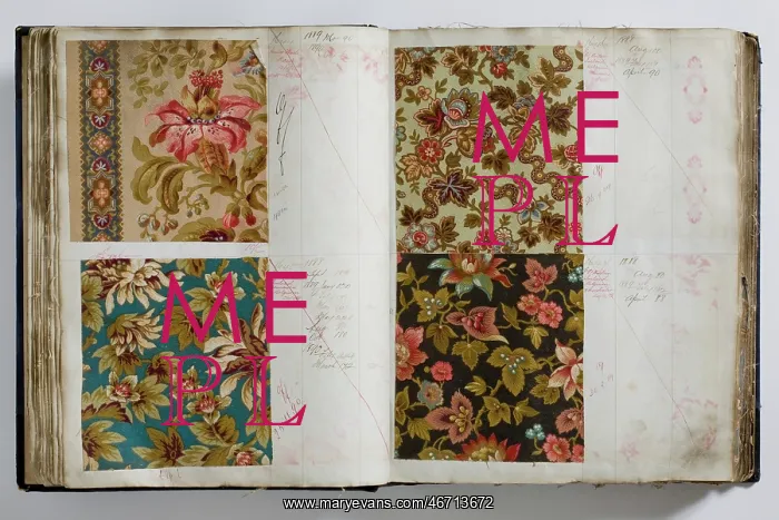 : Pages from a book of textile samples, annotated by hand with : Pages from a book of textile samples, annotated by hand with