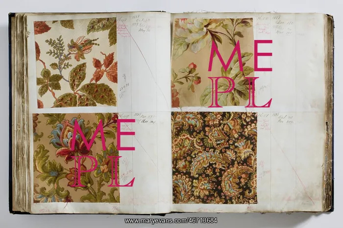 : Pages from a book of textile samples, annotated by hand with : Pages from a book of textile samples, annotated by hand with