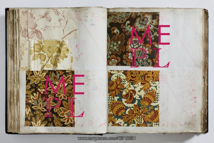 : Pages from a book of textile samples, annotated by hand with : Pages from a book of textile samples, annotated by hand with
