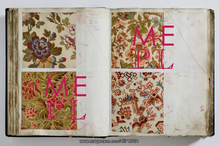 : Pages from a book of textile samples, annotated by hand with : Pages from a book of textile samples, annotated by hand with