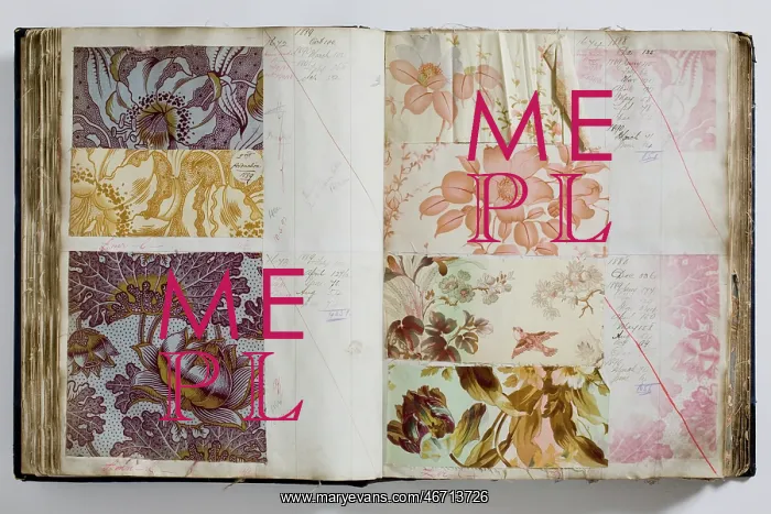 : Pages from a book of textile samples, annotated by hand with : Pages from a book of textile samples, annotated by hand with
