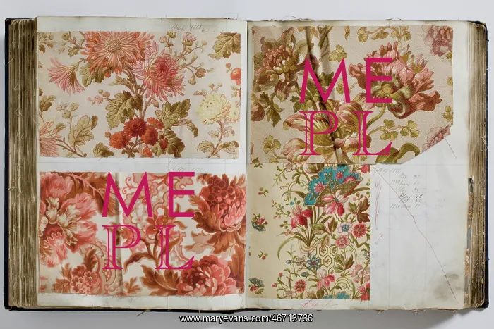 : Pages from a book of textile samples, annotated by hand with : Pages from a book of textile samples, annotated by hand with