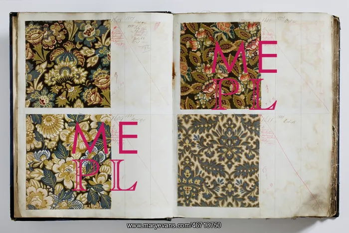 : Pages from a book of textile samples, annotated by hand with : Pages from a book of textile samples, annotated by hand with