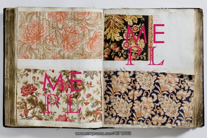 : Pages from a book of textile samples, annotated by hand with : Pages from a book of textile samples, annotated by hand with