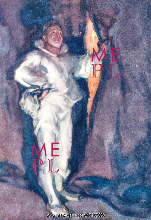 : Pagliacci. A portrait painting of an actor, wearing a white costume in : Pagliacci. A portrait painting of an actor, wearing a white costume in