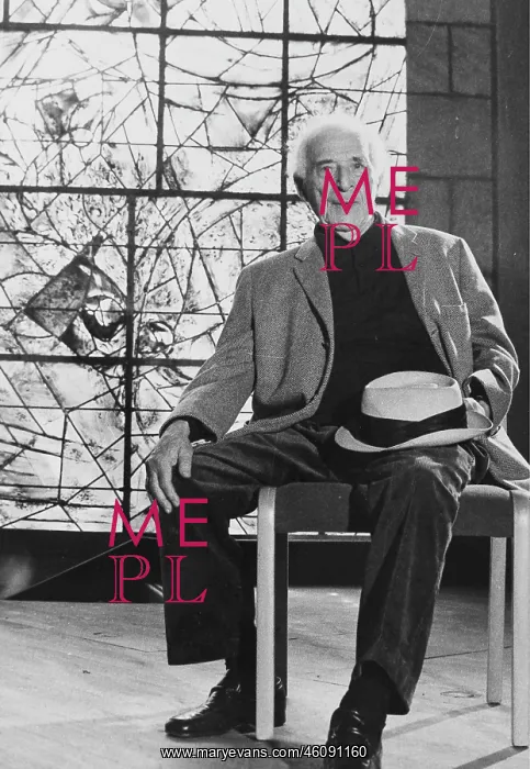 : The painter Marc Chagall in front of one of his : The painter Marc Chagall in front of one of his