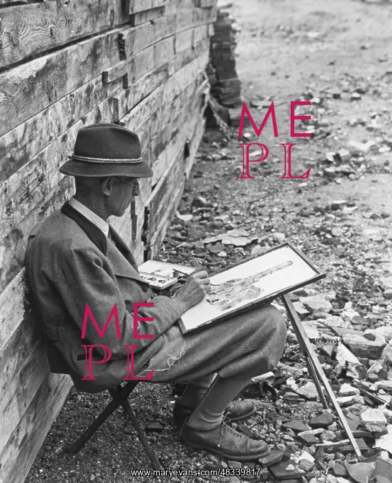 : Painter painting in the destroyed Munich, 1945 : Painter painting in the destroyed Munich, 1945