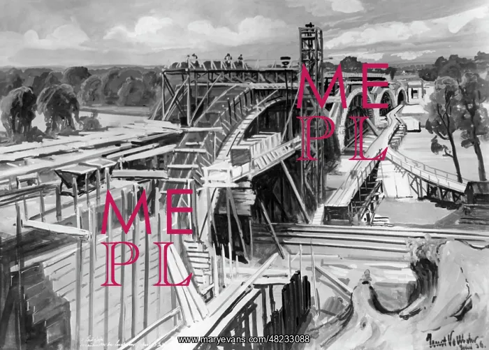 : Painting by Ernst Vollbehr: bridge construction over the : Painting by Ernst Vollbehr: bridge construction over the