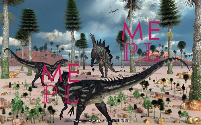 : A pair of Allosaurus dinosaurs confront a lone Stegosaurus : A pair of Allosaurus dinosaurs confront a lone Stegosaurus