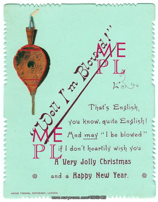 : Pair of bellows with comic verse on a Christmas card : Pair of bellows with comic verse on a Christmas card