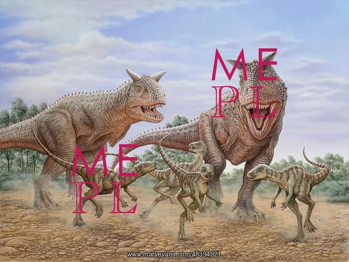 : A pair of Carnotaurus dinosaurs chasing a group : A pair of Carnotaurus dinosaurs chasing a group