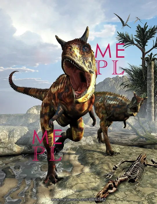 : A pair of Carnotaurus dinosaurs hunting for food : A pair of Carnotaurus dinosaurs hunting for food