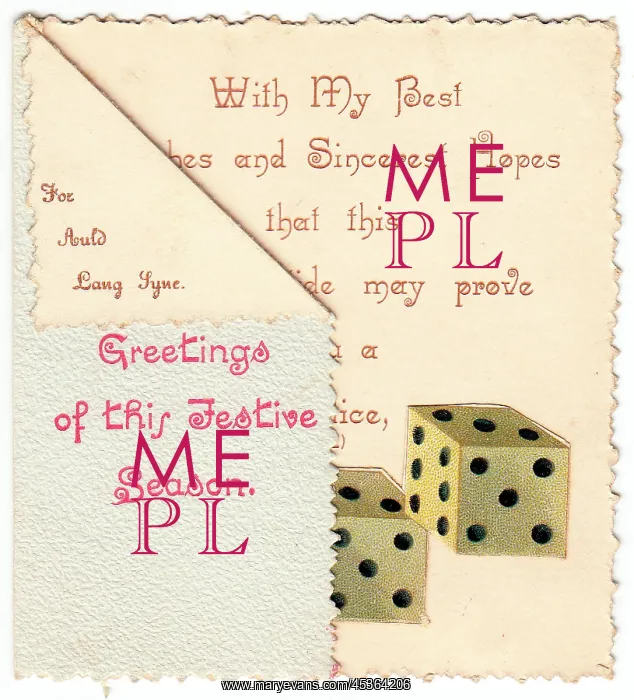 : Pair of dice with comic verse on a Christmas card : Pair of dice with comic verse on a Christmas card