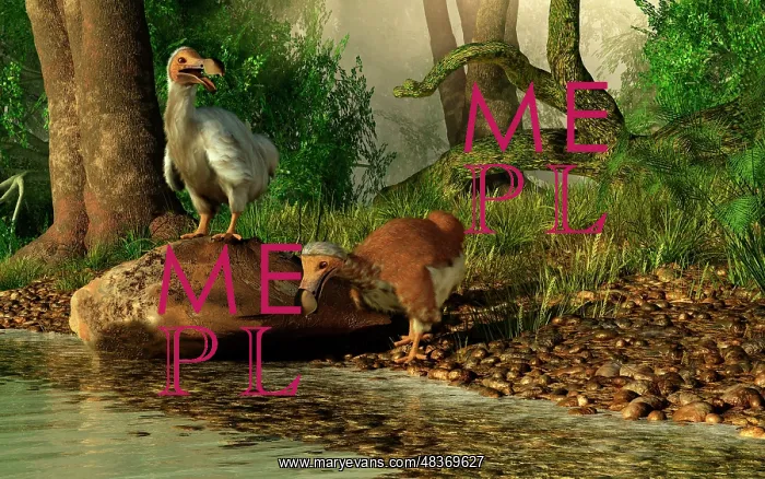  : A pair of Dodo birds drinking at a river