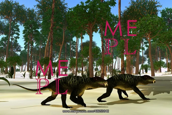 : A pair of Doliosauriscus carnivores walking along : A pair of Doliosauriscus carnivores walking along