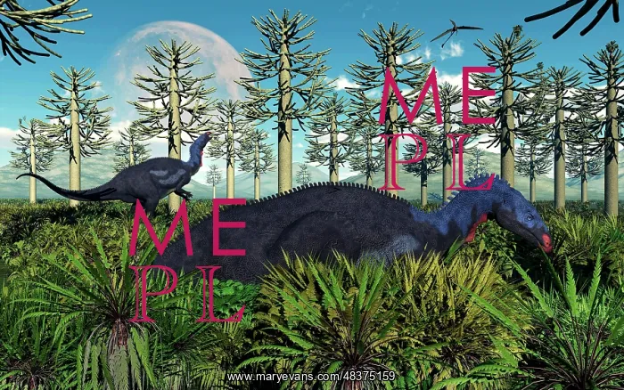 : A pair of herbivorous Camptosaurus dinosaurs grazing : A pair of herbivorous Camptosaurus dinosaurs grazing
