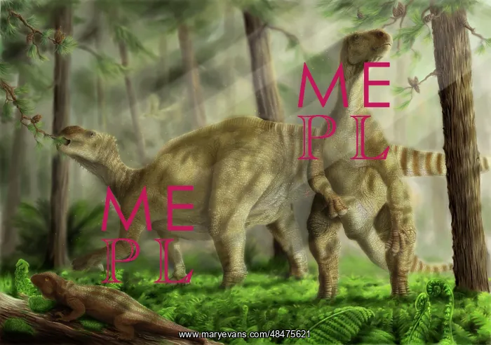 : A pair of Iguanodon bernissartensis grazing : A pair of Iguanodon bernissartensis grazing