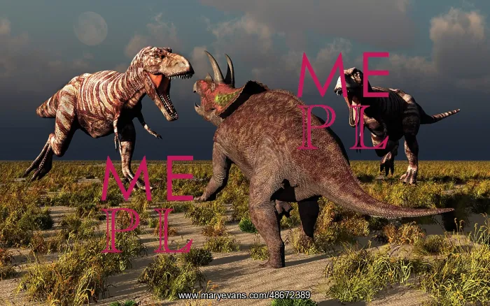 : A pair of T-rex dinosaurs attacking a lone Triceratops : A pair of T-rex dinosaurs attacking a lone Triceratops