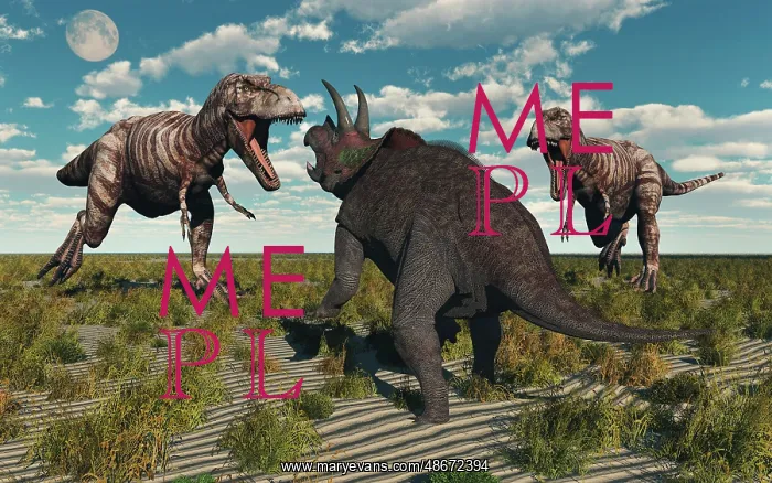 : A pair of T-rex dinosaurs attacking a lone Triceratops : A pair of T-rex dinosaurs attacking a lone Triceratops