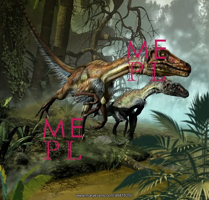 : A pair of Utahraptors crossing a stream : A pair of Utahraptors crossing a stream