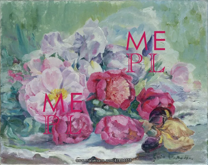 : Pale and deep pink Paeonies with Irises : Pale and deep pink Paeonies with Irises